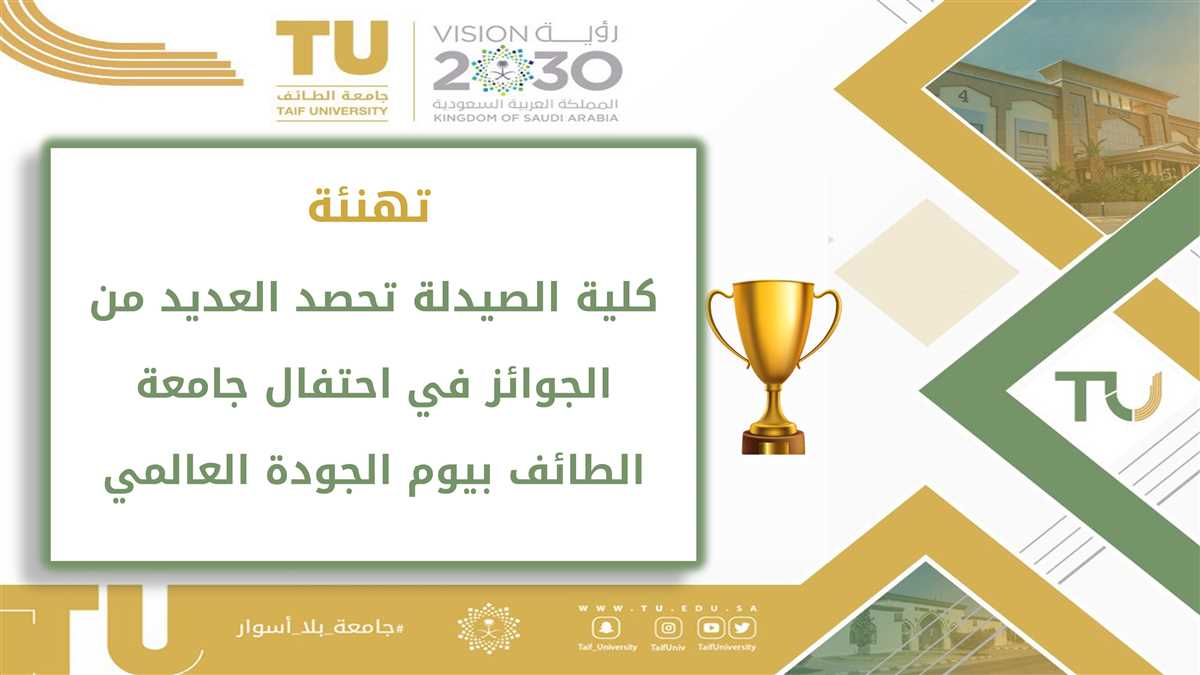 كلية الصيدلة تحصد العديد من الجوائز في احتفال جامعة الطائف بيوم الجودة العالمي 