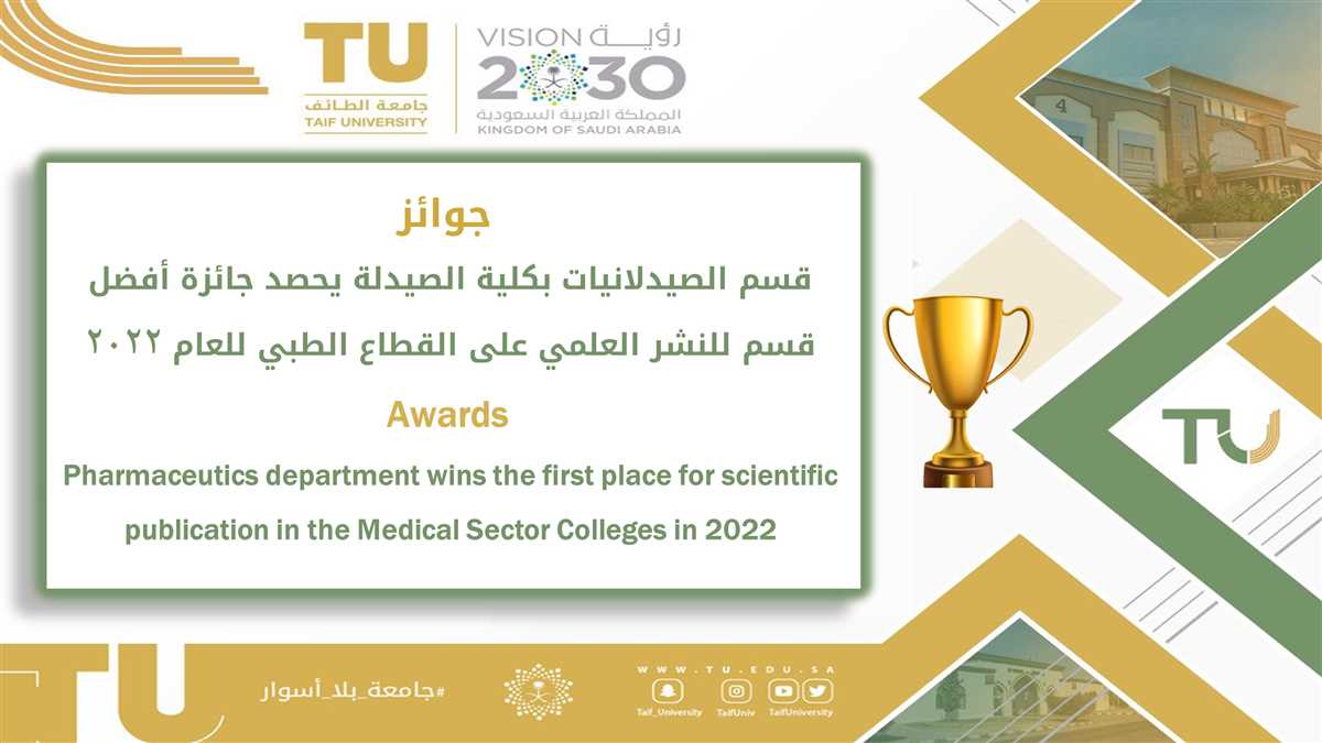قسم الصيدلانيات بكلية الصيدلة يحصد جائزة أفضل قسم من حيث الإنتاجية البحثية في القطاع الطبي للعام 2022