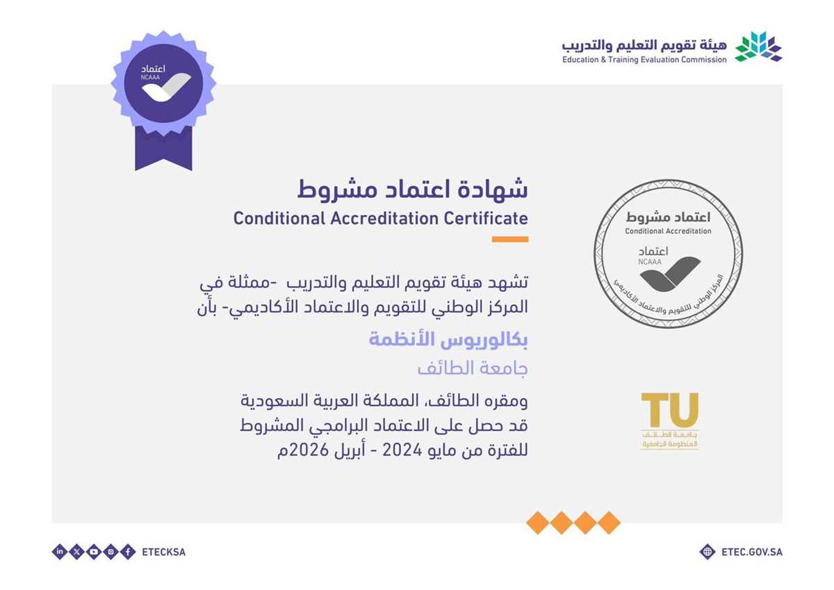 The Systems Department at Taif University obtained conditional academic accreditation from the National Center for Academic Accreditation and Evaluation